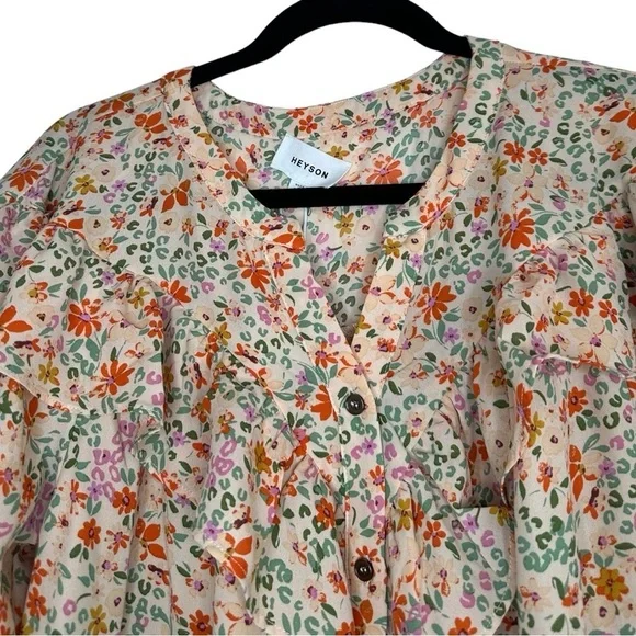 Heyson Peach Floral Button Down Long Sleeve Blouse Size Medium NWT - Picture 2 of 10